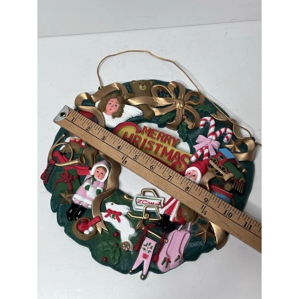 Vintage Plastic Molded 3D Wall Hanging Kitschy Toys Angel Santa Christmas Wreath